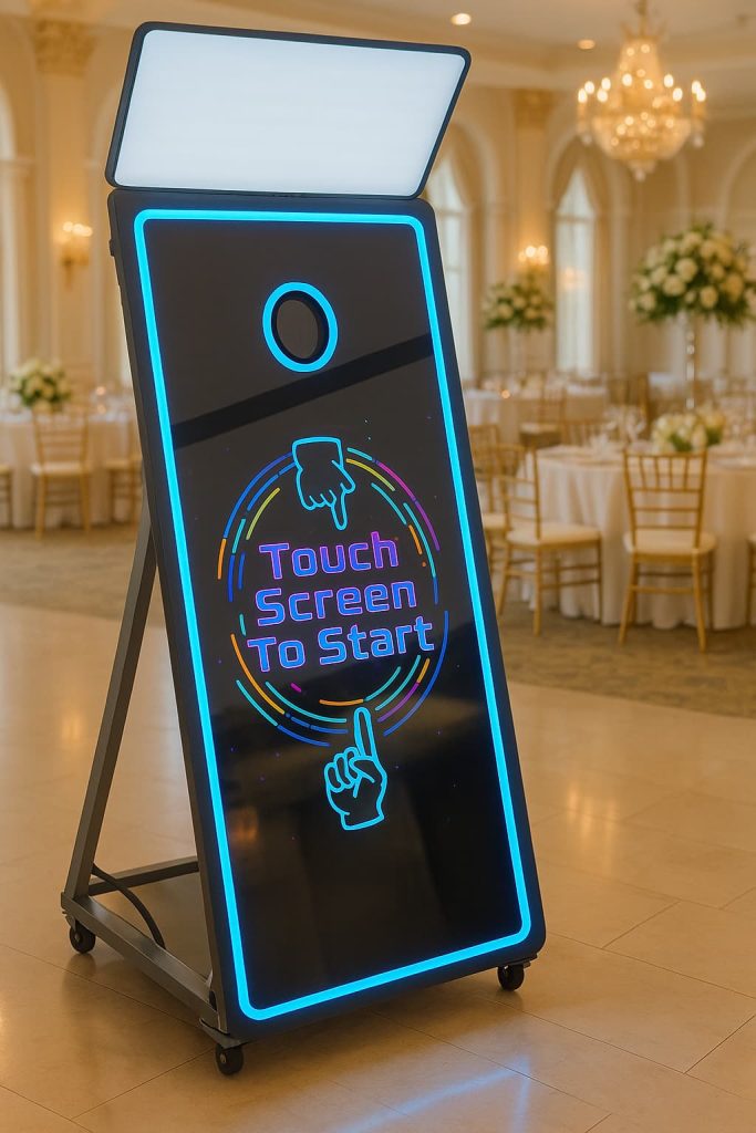A sleek, interactive mirror photo booth with neon blue accents stands in an elegant wedding venue featuring round tables, gold chairs, floral centerpieces, and chandeliers. The booth displays a colorful "Touch Screen To Start" prompt.