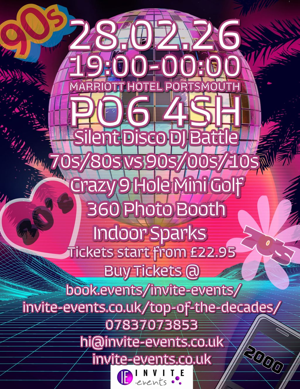 Top of the Decades silent disco DJ battle event poster featuring date, time, venue, ticket link, and retro graphics for a themed party night in Portsmouth.
