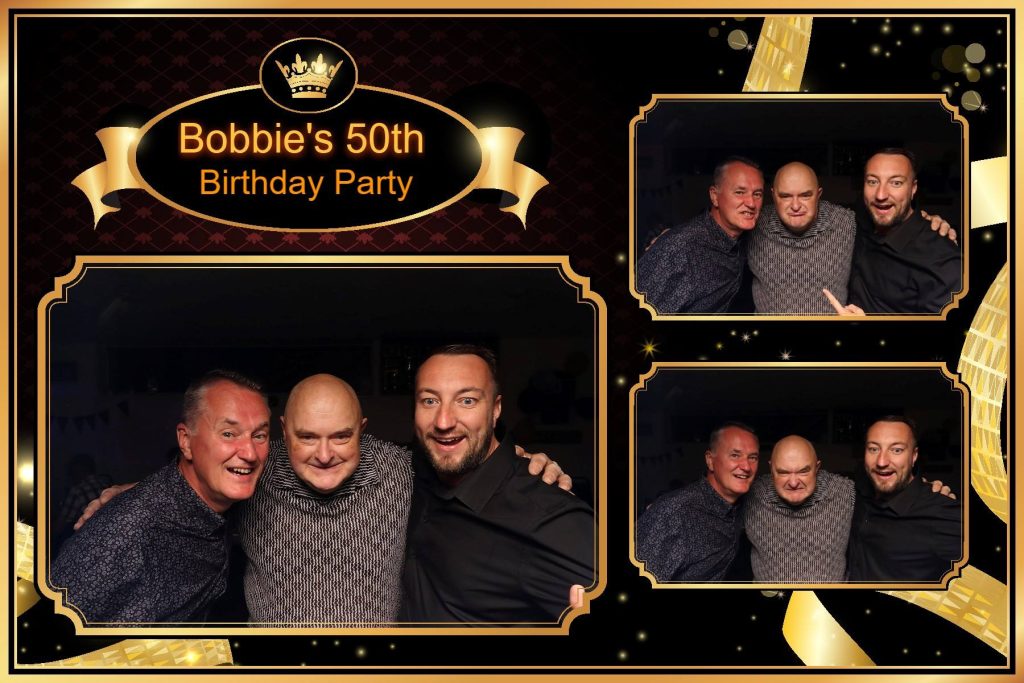 Photo booth picture template from Bobbie’s 50th birthday party showing a personalised gold and black design.