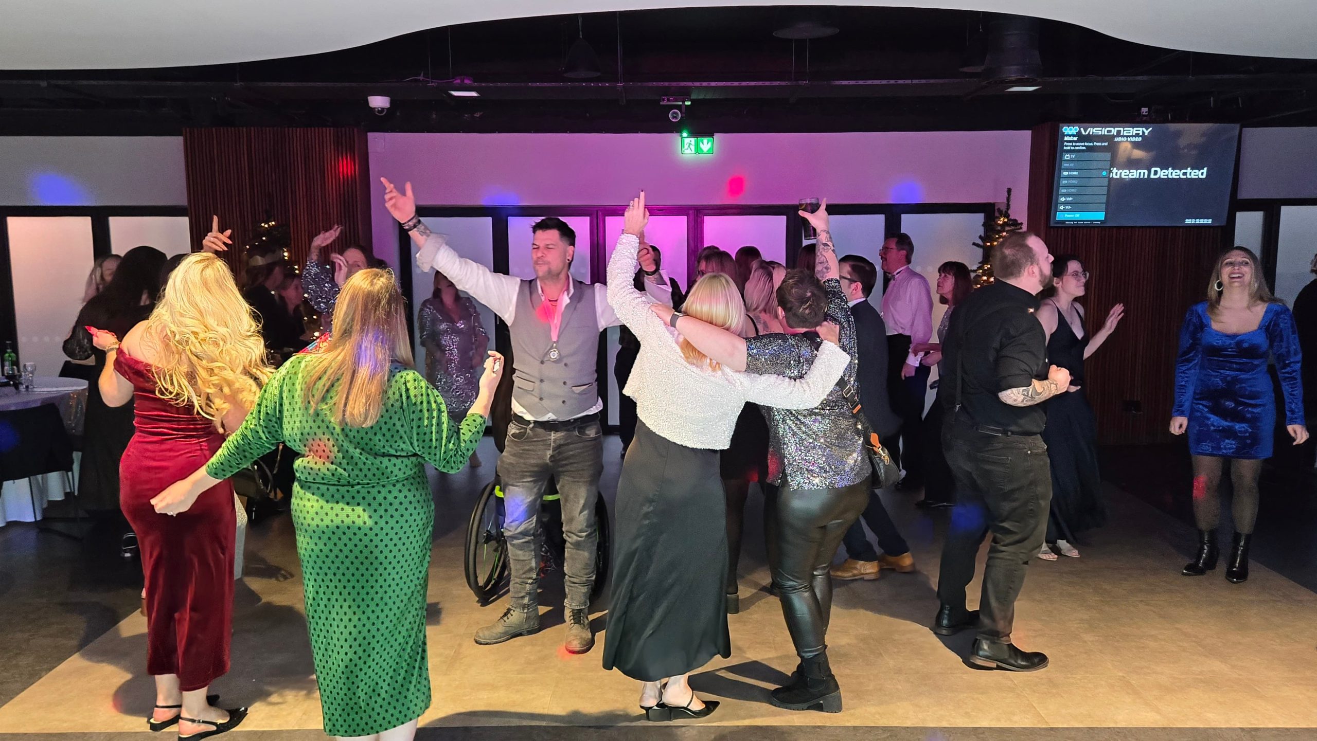 Busy dance floor at a corporate Christmas party in the Victory Suite Fratton Park