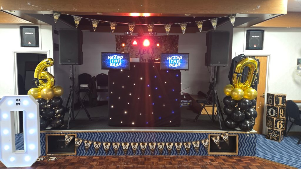 Professional DJ setup on stage at Broad Oak Social Club ready for a birthday celebration