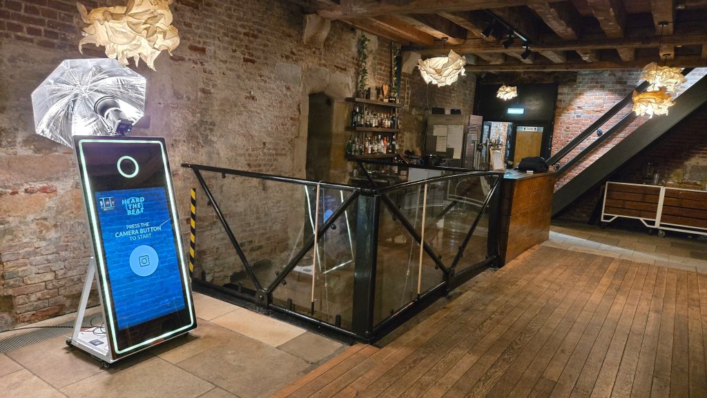 Magic Mirror photo booth setup at The Square Tower in Portsmouth, featuring a modern booth positioned inside the historic venue