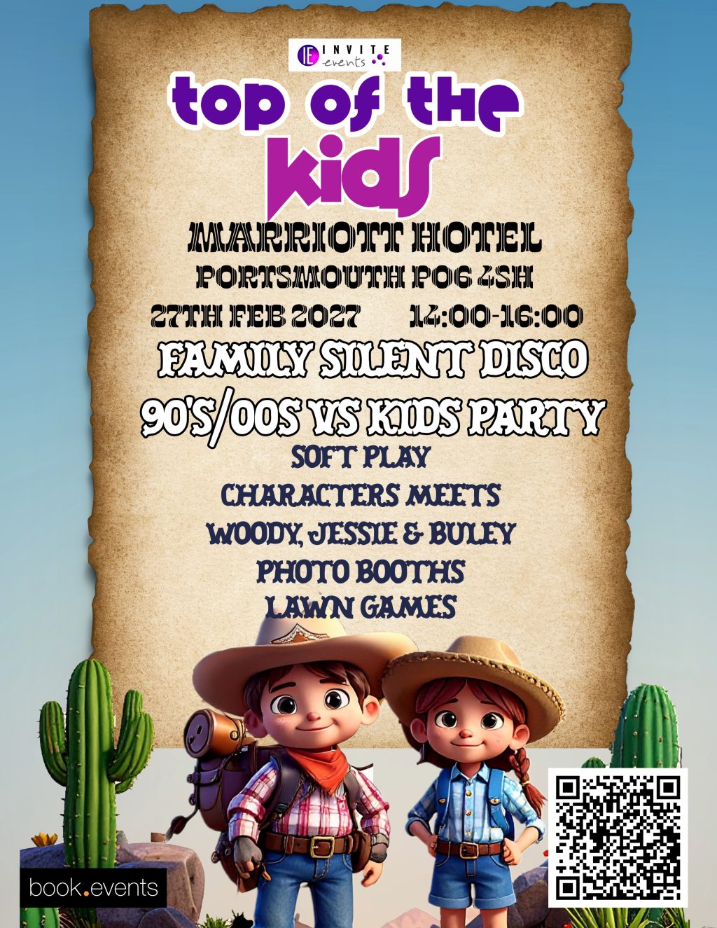 Family silent disco Portsmouth 2027 kids event flyer with soft play, characters and daytime party details