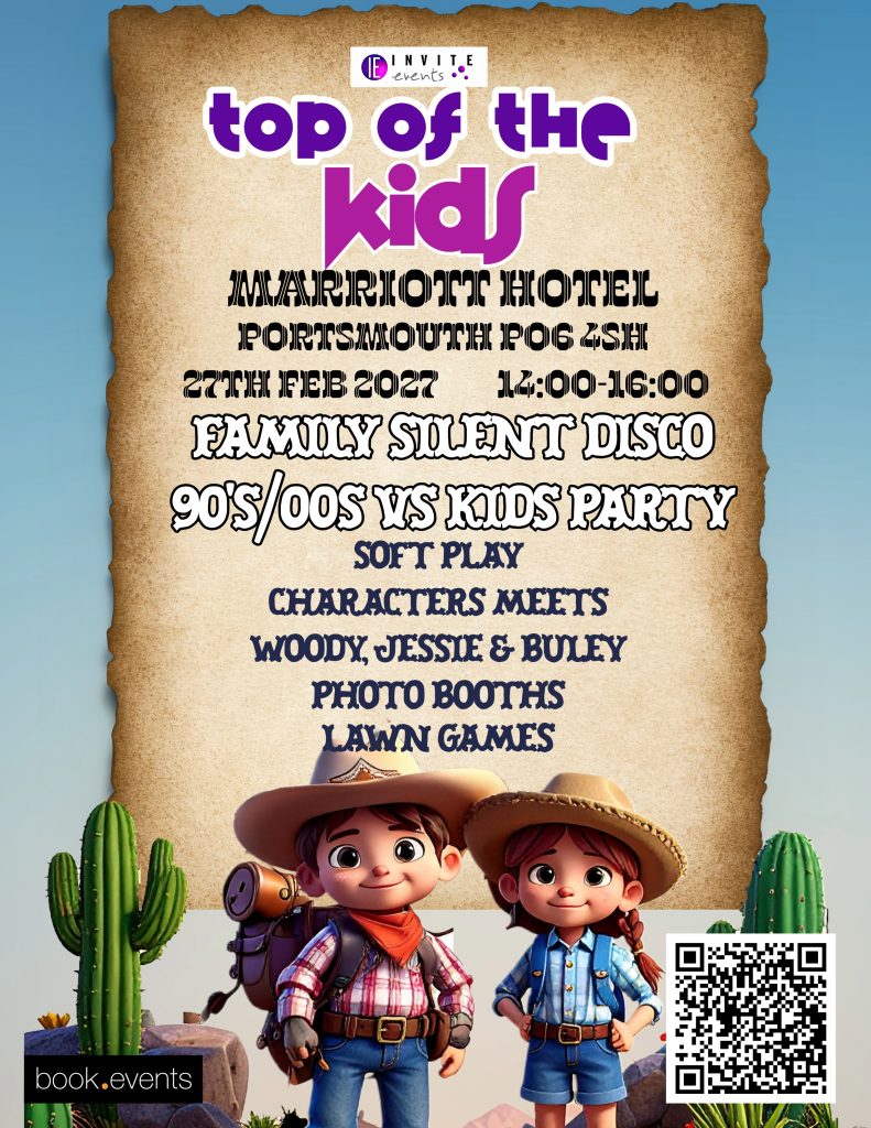 Family silent disco Portsmouth 2027 kids event flyer with soft play, characters and daytime party details