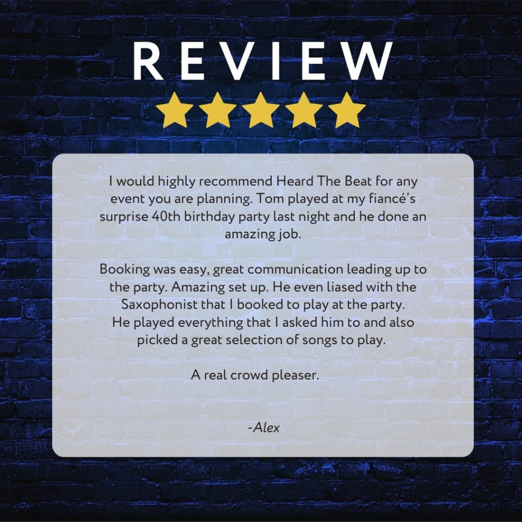 5 star review for Heard The Beat DJ at 40th birthday party Innlodge Portsmouth