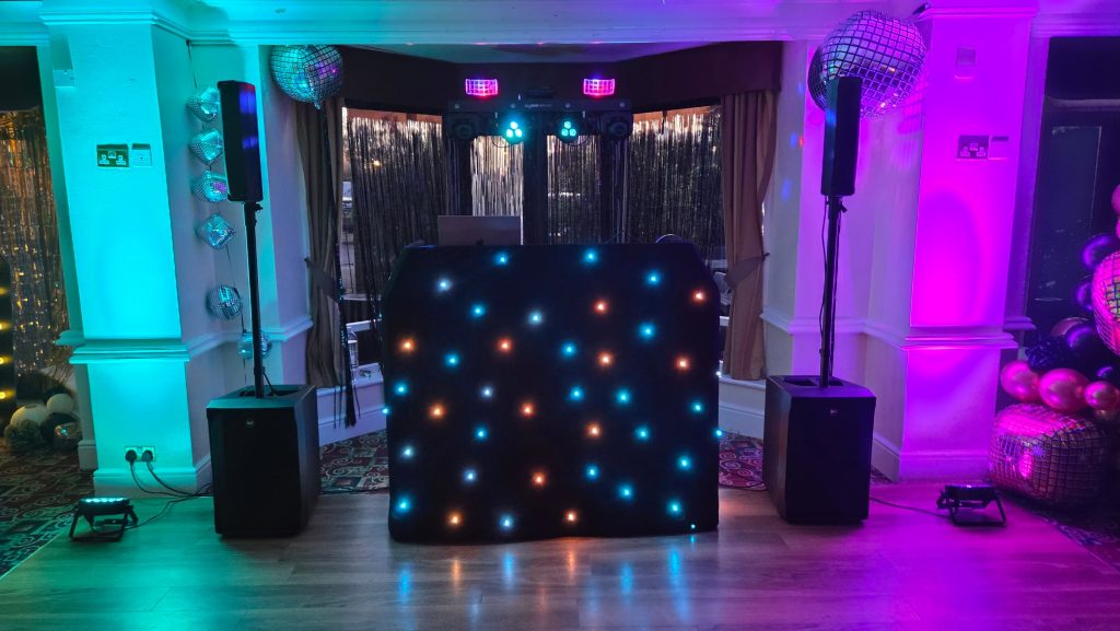 wedding DJ setup at Innlodge Portsmouth with professional lighting and sound system