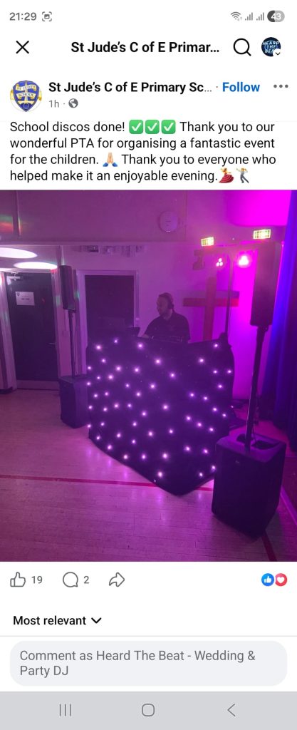 Facebook review from St Jude’s Primary School after an Easter school disco with DJ setup and lighting in Portsmouth