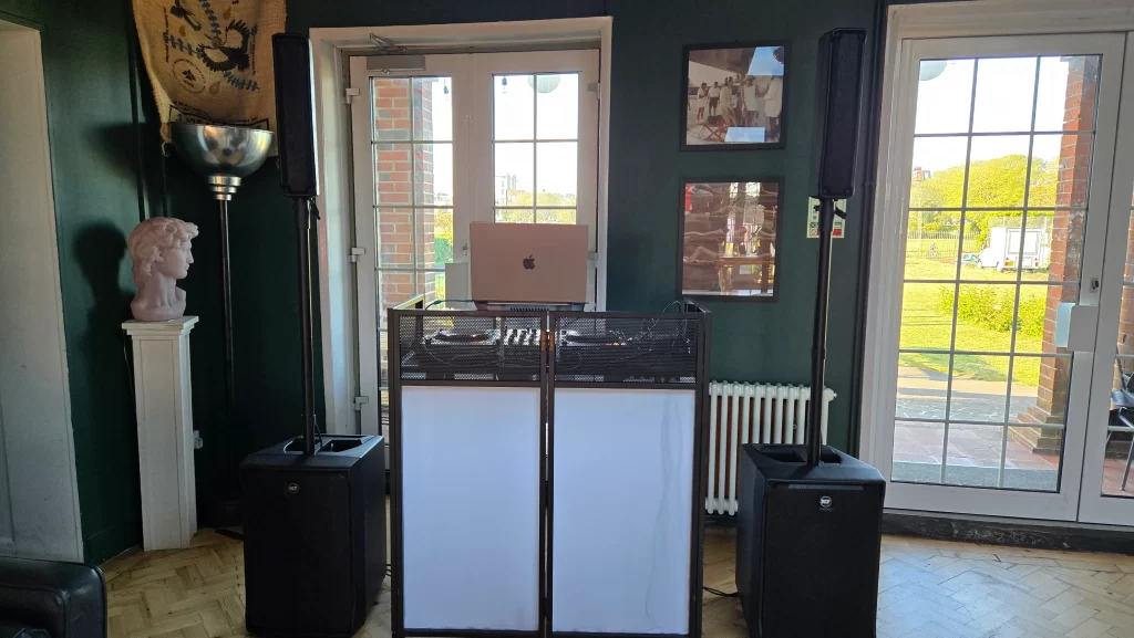 Wedding DJ setup at Southsea Tennis Club Portsmouth with speakers and DJ booth
