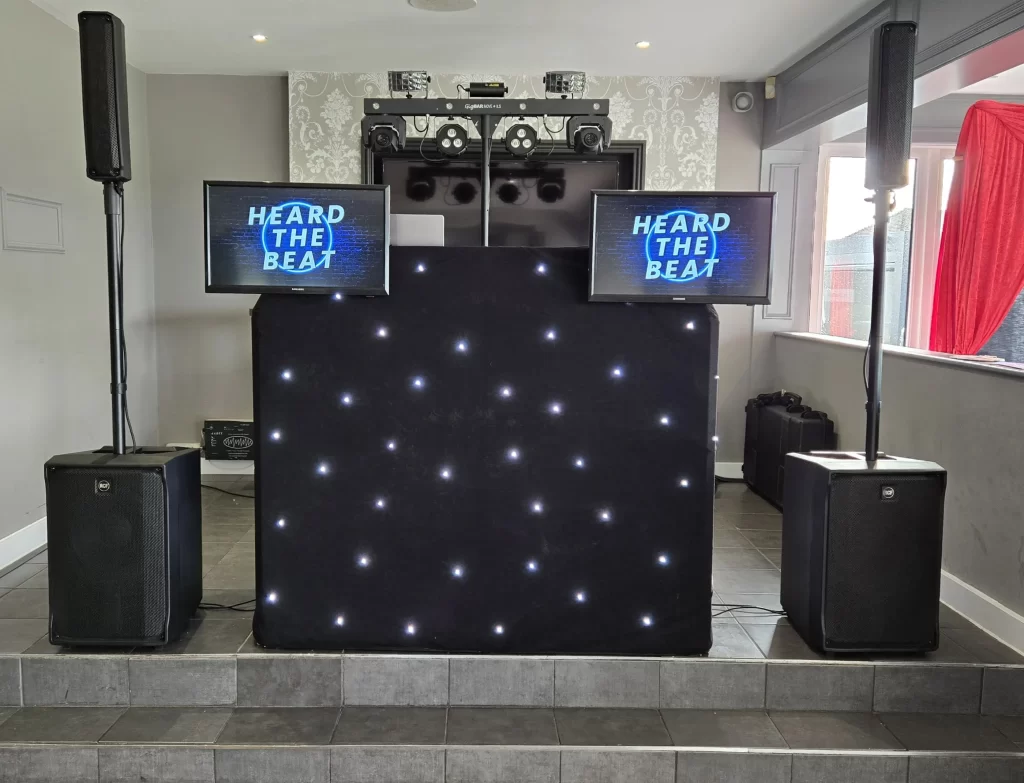 Modern DJ setup by Heard The Beat at Skylark Golf & Country Club featuring premium sound, lighting, and TV screens for weddings and events in Hampshire.