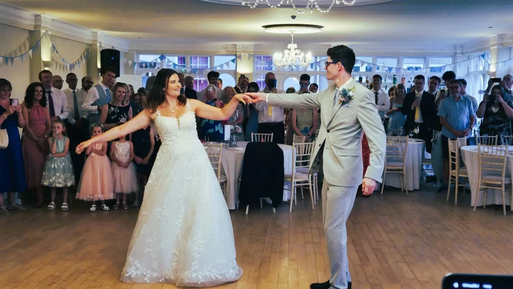 Bride and groom sharing their first dance at Rookesbury Park in HampshireBride and groom sharing their first dance at Rookesbury Park in Hampshire